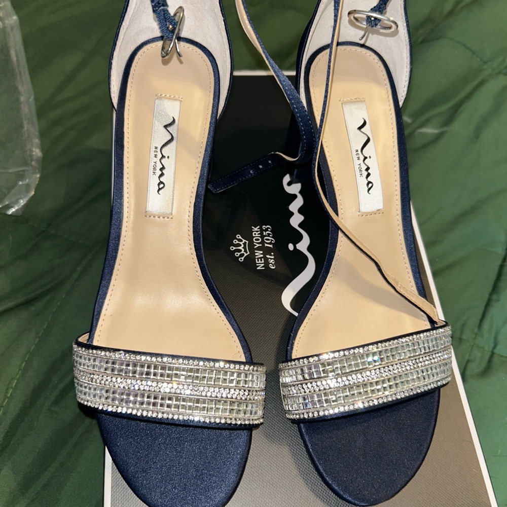 Nina Women's Blue Satin Sandals with Rhinestone Detail